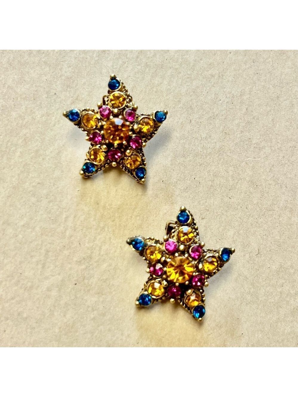 Thelma Deutsch unsigned Gold and Blue single Star clip-on Earrings vintage glam